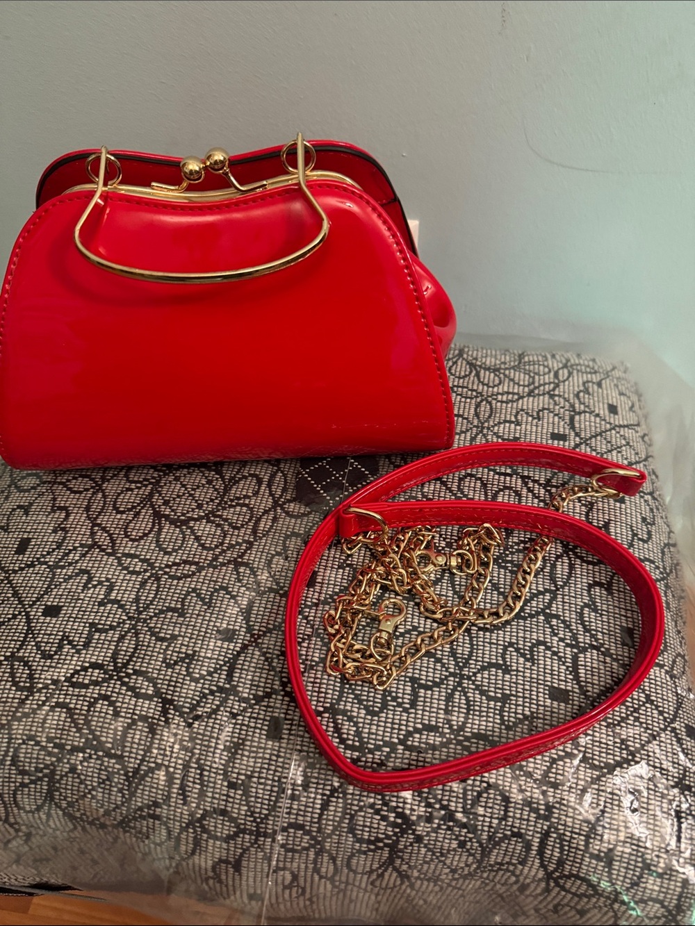 Red Patent Frame Satchel Bag with Gold Hardware